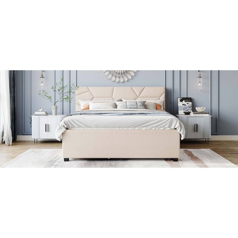 Platform Bed with Brick Pattern Headboard, Trundle & 2 Drawers