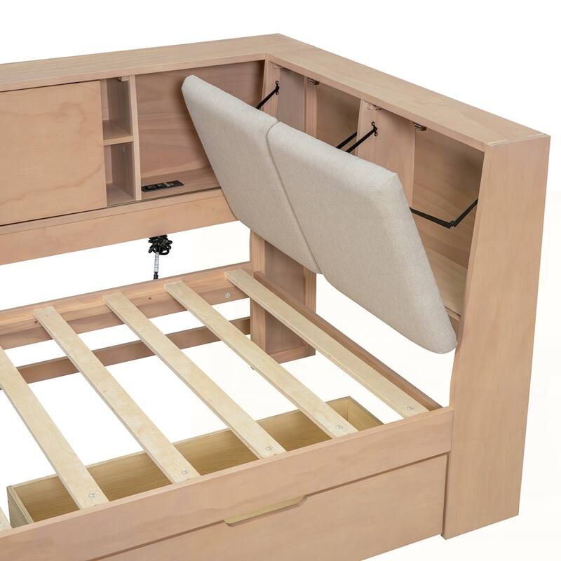 L-shaped Daybed Corner Bed with Storage Bookcase and USB Charging Ports