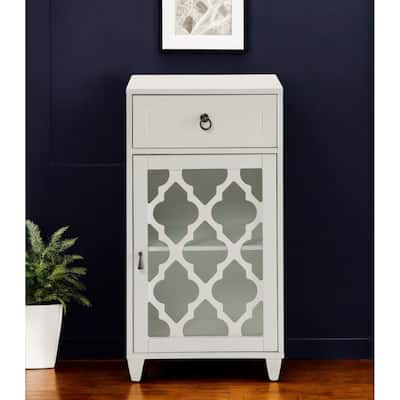 HomeRoots 17" White Fret Work Design Glass Door Accent Cabinet - 17" W x 11.8" D x 32.5" H