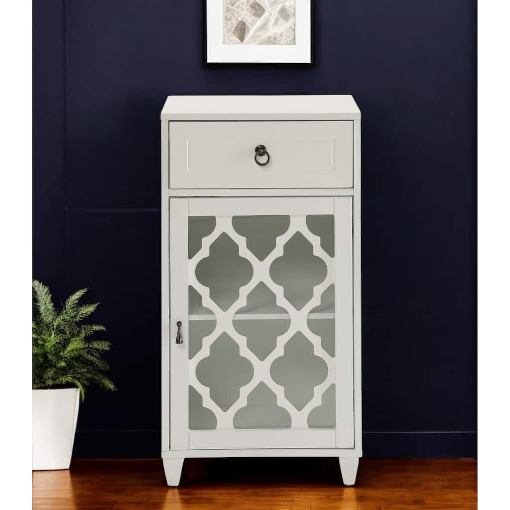 HomeRoots 17" White Fret Work Design Glass Door Accent Cabinet - 17" W x 11.8" D x 32.5" H
