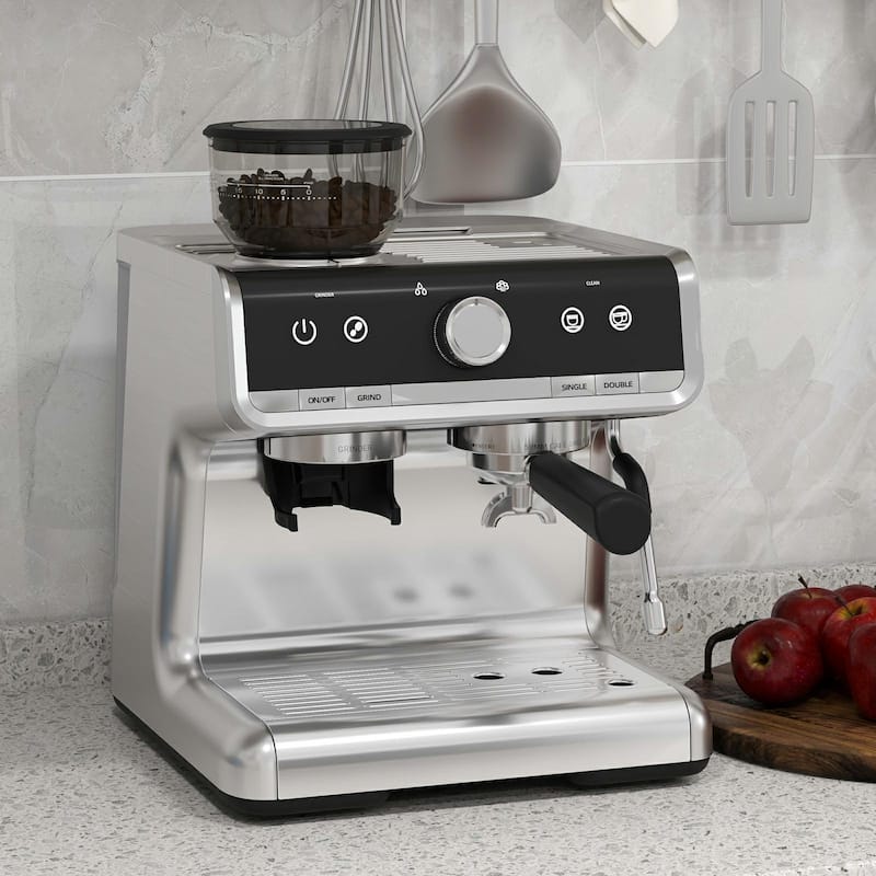 Espresso Coffee Maker Machine Built-In Bean Grinder - Silver