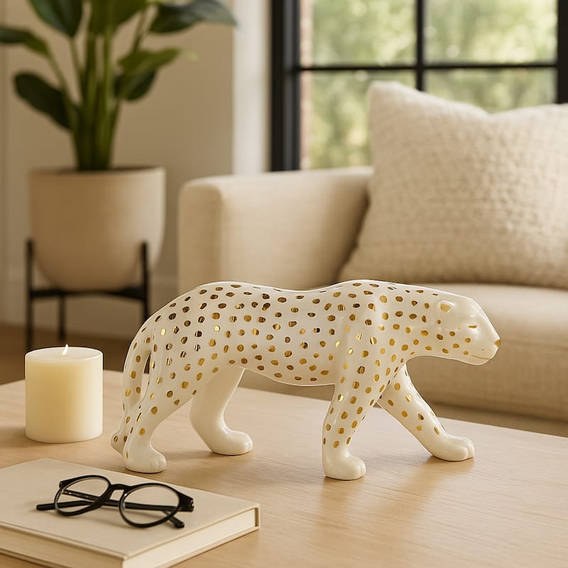 Ceramic Leopard Decorative Figurine - White and Gold