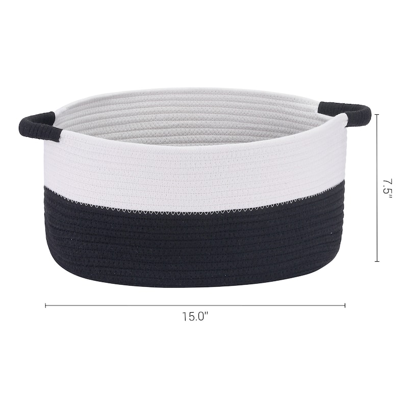 Woven Storage Basket Bin with Handles, Shelf Closet Storage Bin for Home Decor Living Room Blankets, Clothes, Shoes - White/Black - 15.5*11.5*7.5in