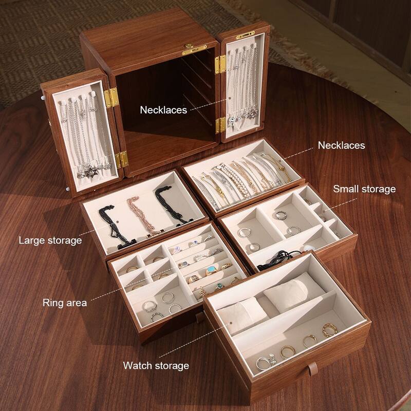 Modern Walnut Color Double-Door with Begonia Locking 5-Layer Jewelry Box - 9.06
