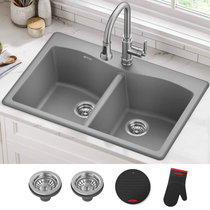 KRAUS Forteza Granite 33 inch 50/50 Undermount Drop-in Kitchen Sink - Grey
