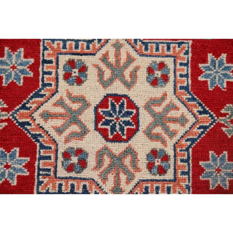 Red Geometric Kazak Oriental Runner Rug Hand-Knotted Wool Carpet - 2'8" x 9'7"