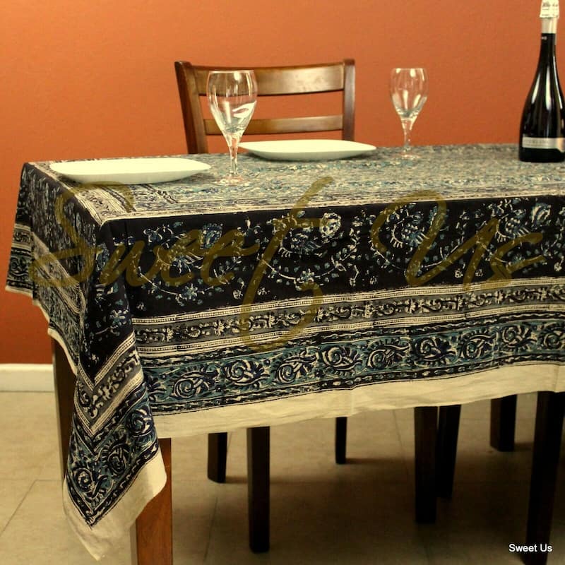 Block Print Cotton Vegetable Dye Dreamy Floral Tablecloth Rectangle