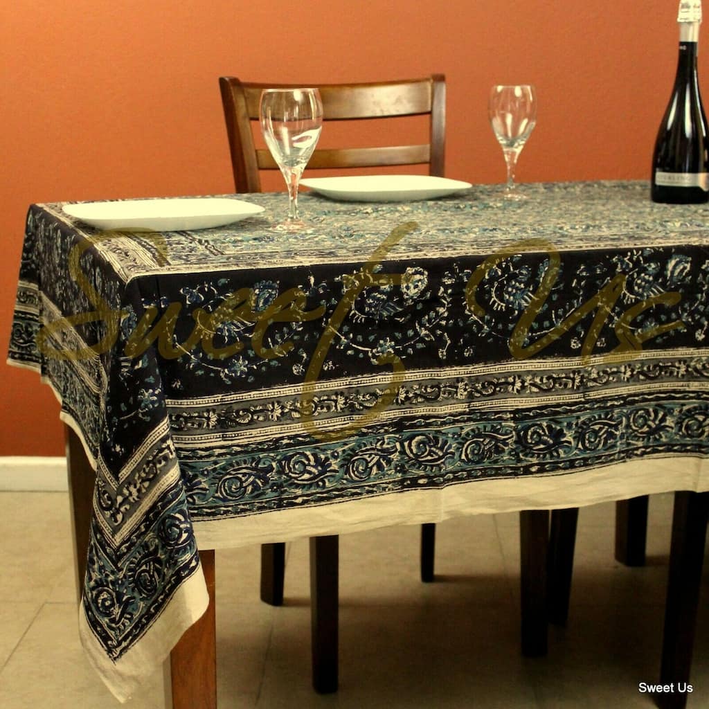 Block Print Cotton Vegetable Dye Dreamy Floral Tablecloth Rectangle