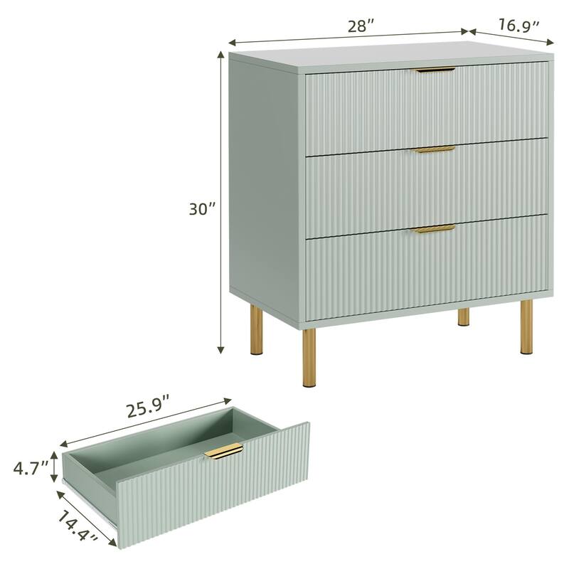 3 Drawer Dresser for Bedroom with Gold Handles, Modern Wooden Chest of Drawers