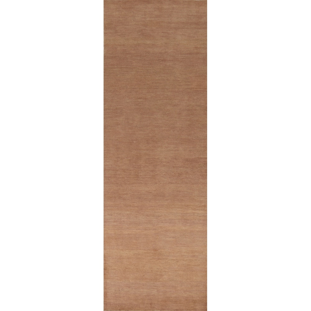 Brown Solid Gabbeh Oriental Runner Rug Hand-Knotted Wool Carpet - 3'0"x 12'9"