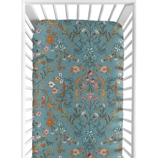 Boho Wildflower Vintage Floral Girl Fitted Crib Sheet Turquoise Orange Daisy Leaves Botanical Paisley Flower Bohemian Farmhouse