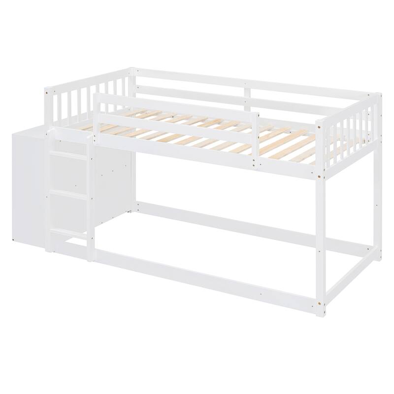 Twin Over Twin Bunk Bed with 4 Drawers and 3 Shelves, White