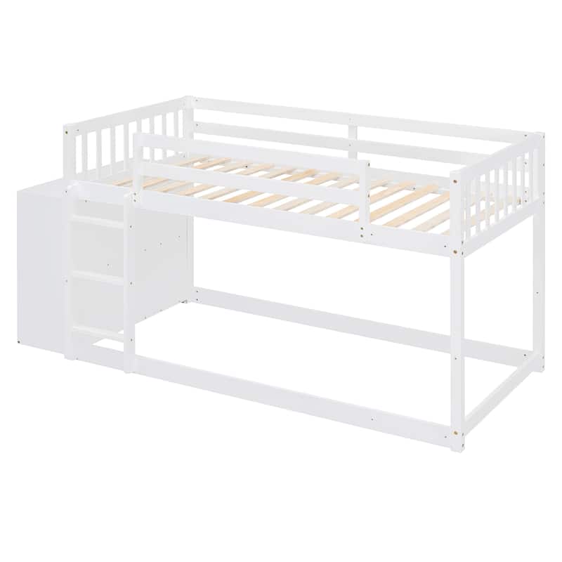 Wood Floor Bunk Bed w/ 4 Drawers, Convertible Side Cabinets & Ladders