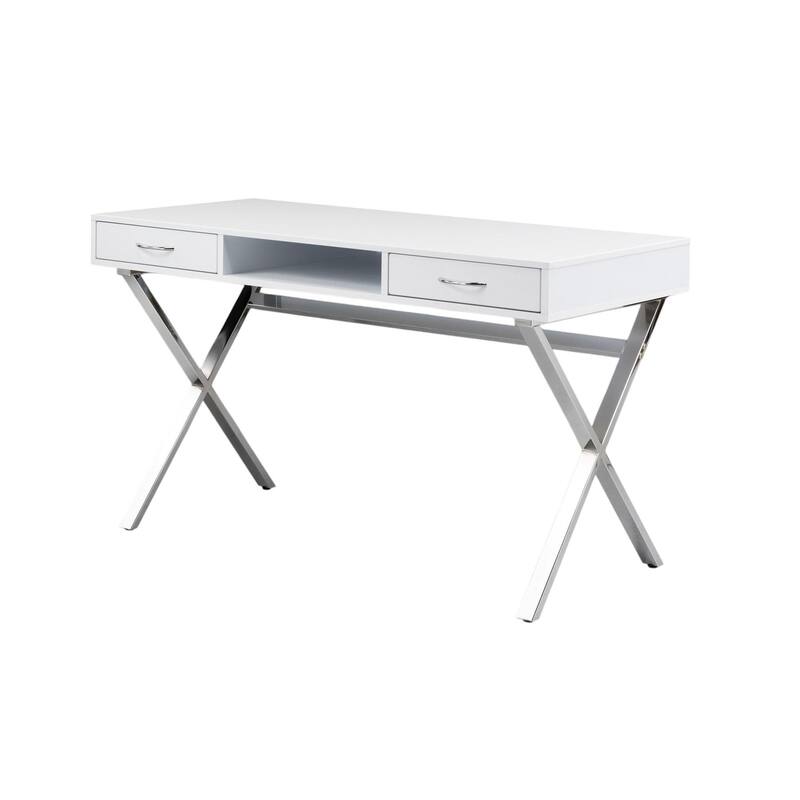 HomeRoots 47" White and Silver Wood and Metal Computer Desk With Two Drawers