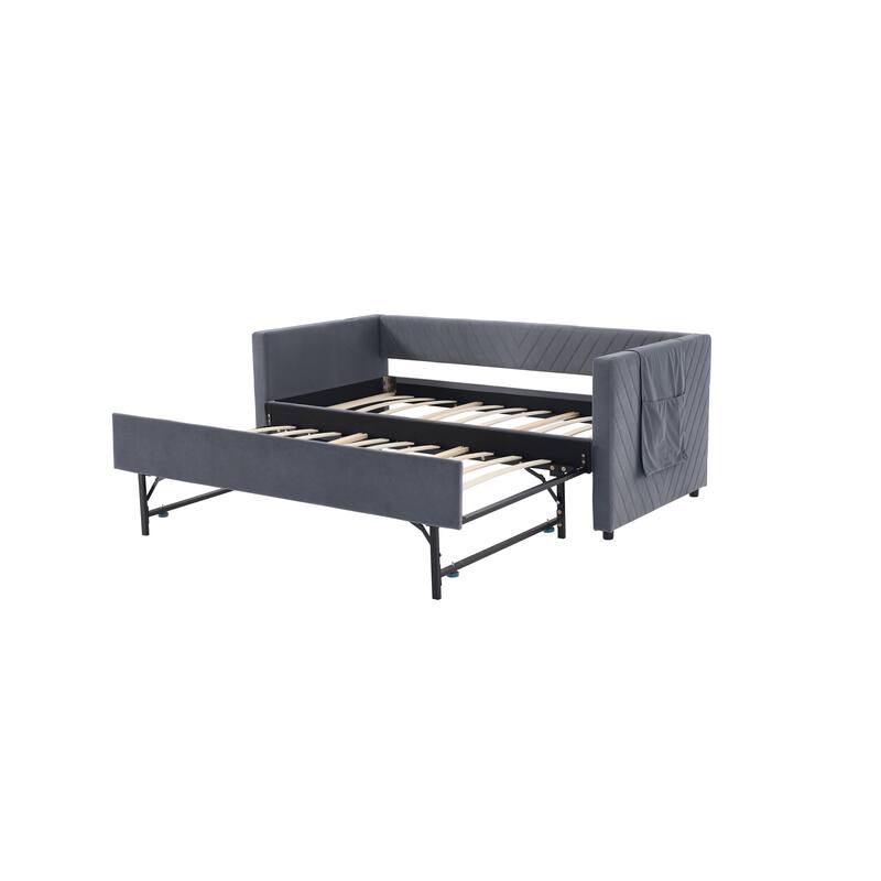 Twin Size Velvet Daybed with Trundle, USB Charging Port & Side Pockets, Modern Upholstered Sofa Bed with V-Pattern Backrest
