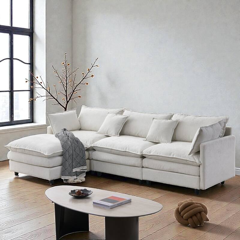 105" L-Shaped Modular Sectional Sofa with Ottoman, Soft Chenille Upholstery, 3-Seater Couch