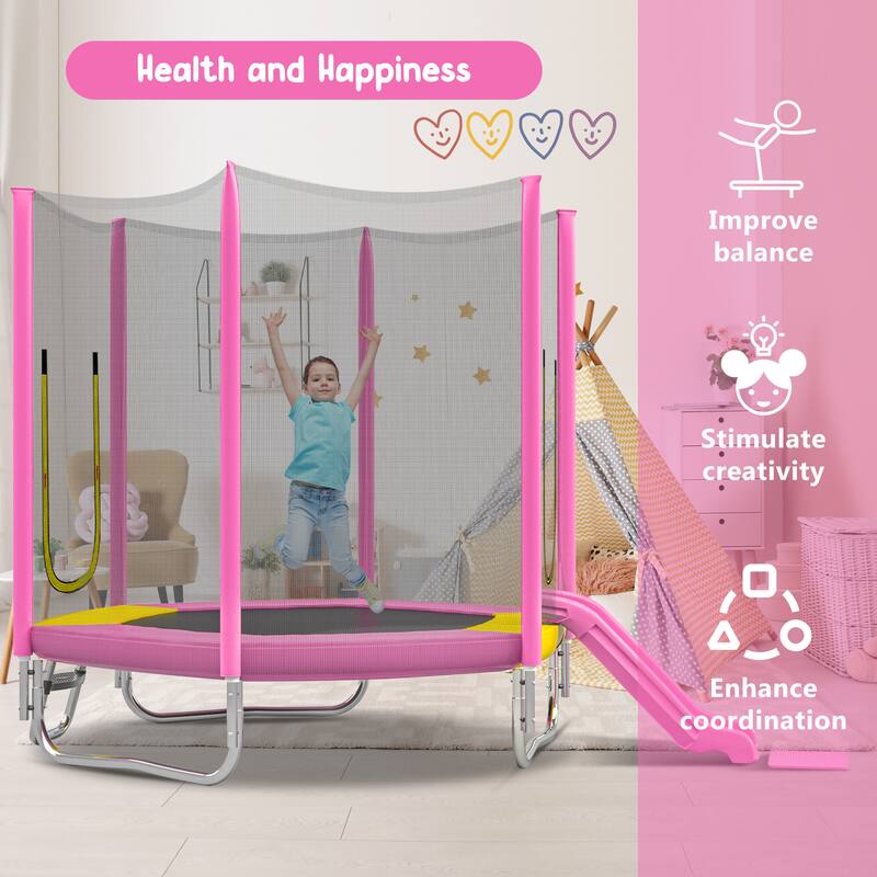 7FT Trampoline with Safety Enclosure Net, Slide and Ladder, Easy Assembly ,Regular Hexagon Outdoor Recreational Trampoline