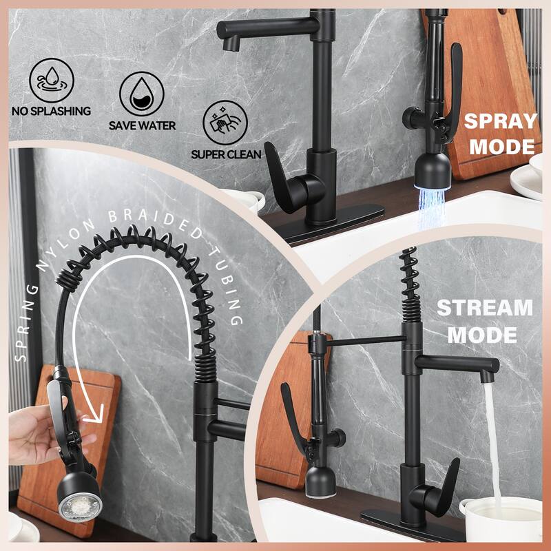 Commercial Stainless Steel Single Handle Kitchen Spring Sink Faucet with LED Pull Down Sprayer & Deck Plate