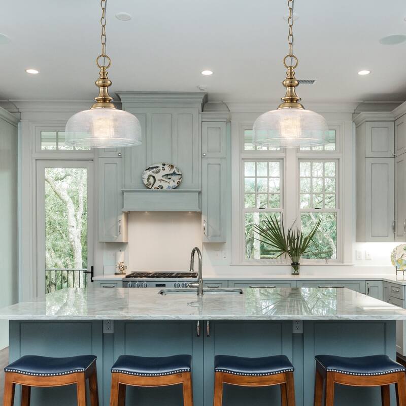 Mid-Century Modern 1-Light Gold Dome Pendant Light with Grid-Textured Glass for Kitchen Island Dining Room