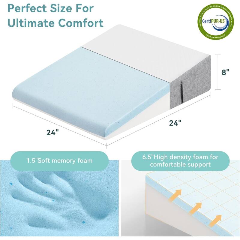 Wedge Memory Foam Bed Pillow and Washable Cover - Gray