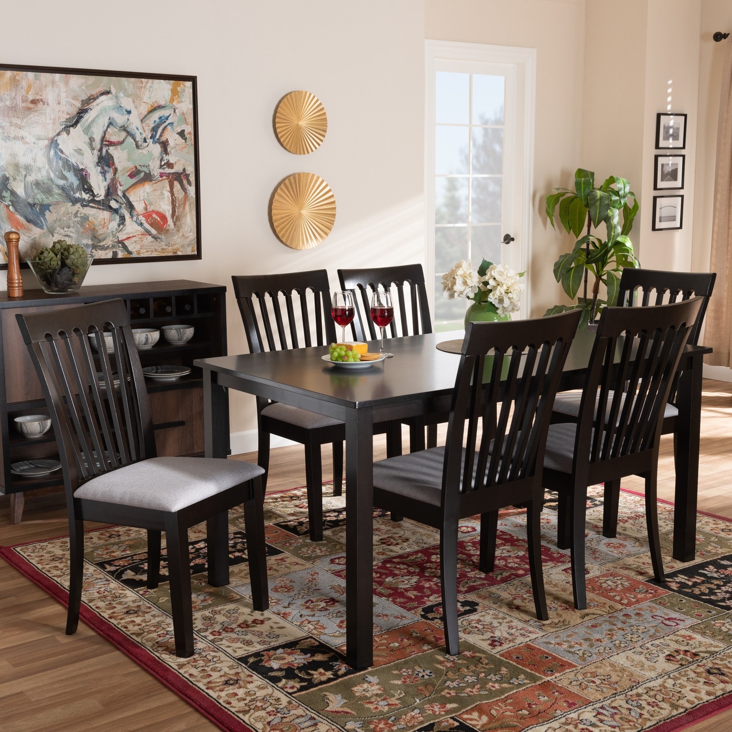 Modern 7-Piece Dining Set - Gray Fabric & Espresso Wood Table & Chairs