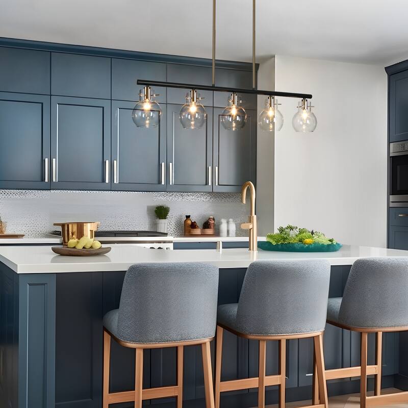 Modern 5-Light Chandelier Black Gold Linear Chandelier 38" L Glass Island Lights for Dining Room