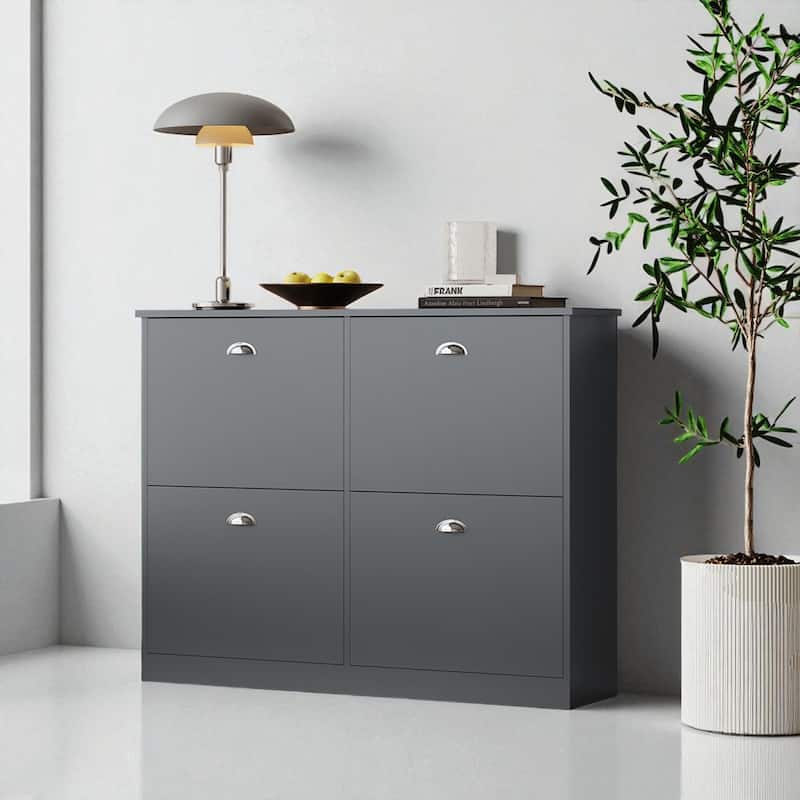 Slim Hidden Shoe Cabinet with 4 Flip Drawers, Narrow Entryway Shoe Rack, Adjustable Dividers, Original Wood Finish