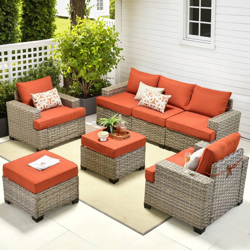 OVIOS 7-Piece T Shaped Seat Wide Armrest Patio Conversation Set - Orange/Red