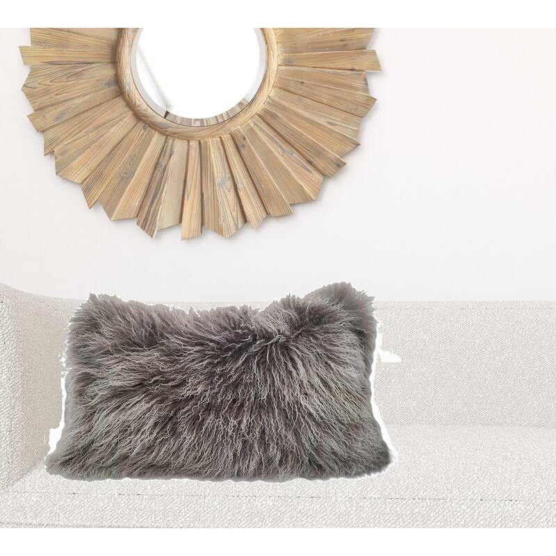 17" Grey Genuine Tibetan Lamb Fur Pillow With Microsuede Backing - Gray and White