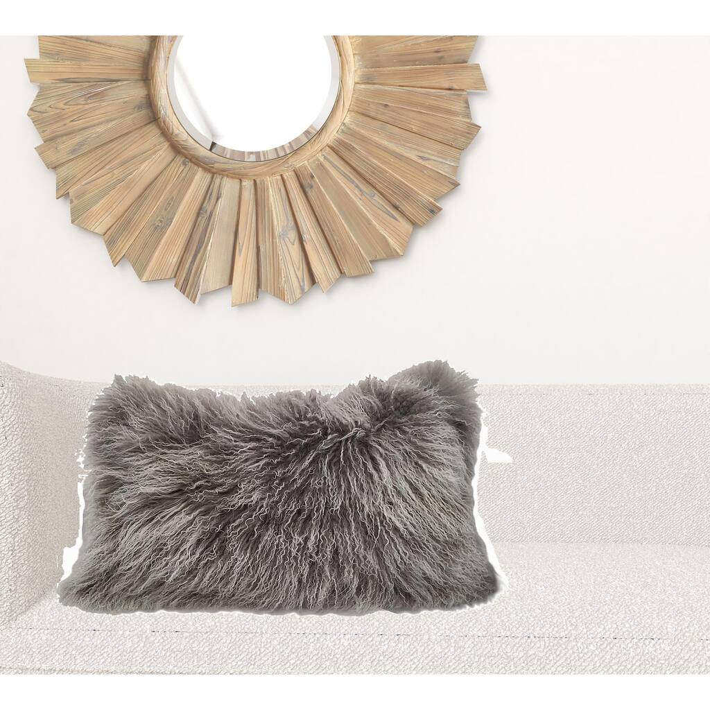 17" Grey Genuine Tibetan Lamb Fur Pillow With Microsuede Backing