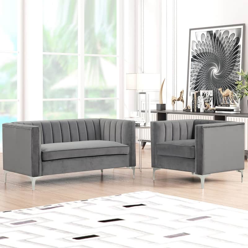 Morden Fort Modern 2 Pieces of Chair and Loveseat Set with Dutch Velvet Grey, Iron Legs