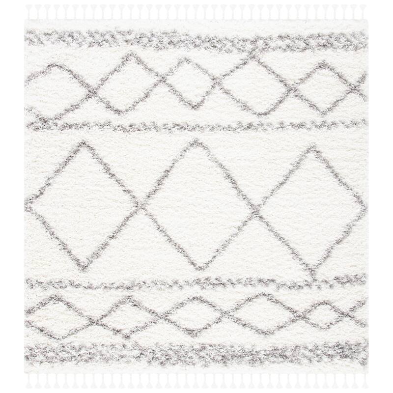 SAFAVIEH Pro Lux Shag Dottie Moroccan Tassel 2.4-inch Thick - 6'7" Square - Ivory/Grey - Runner/Square