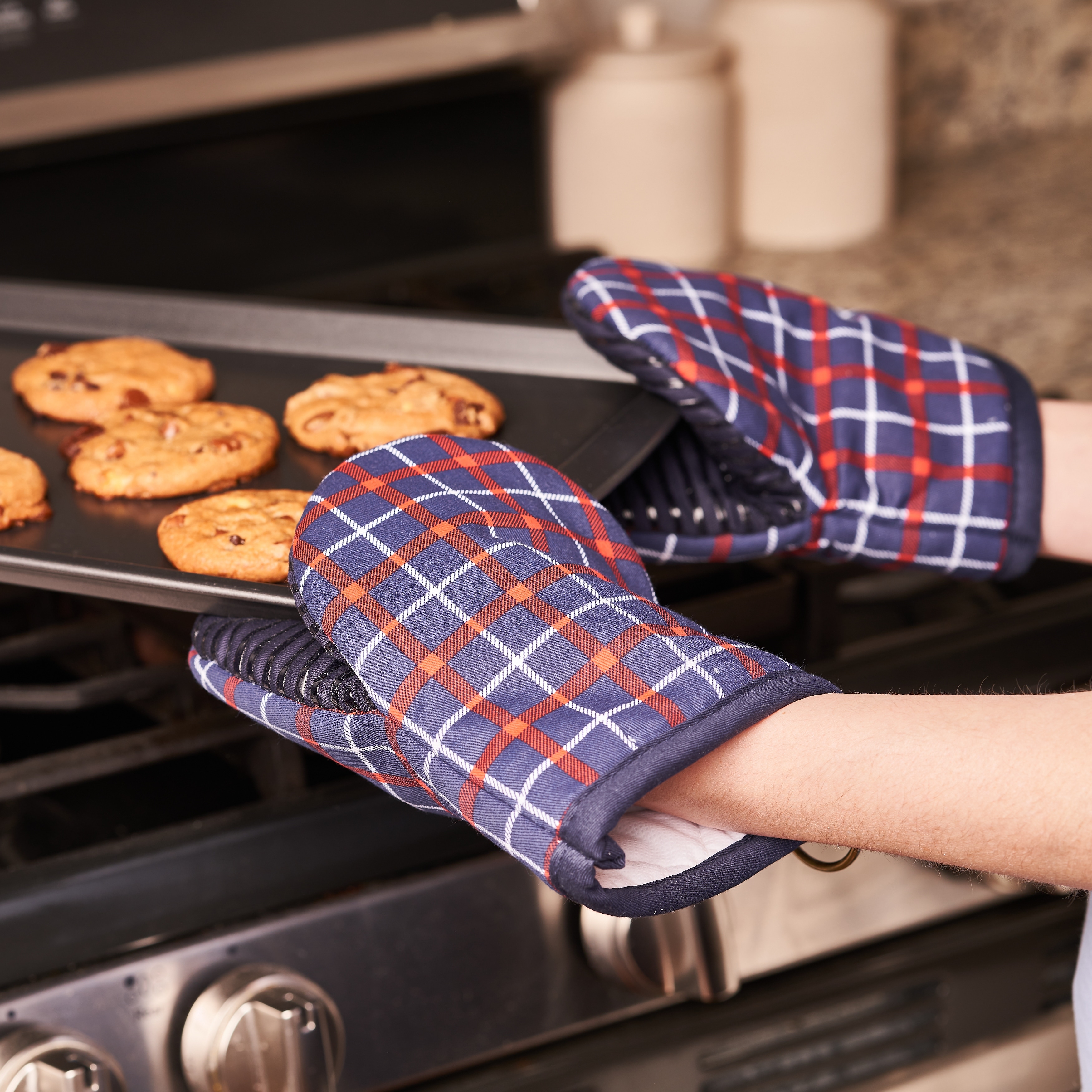 KitchenAid Asteroid Mini Cotton Oven Mitts with Silicone Grip, Red - set of 2