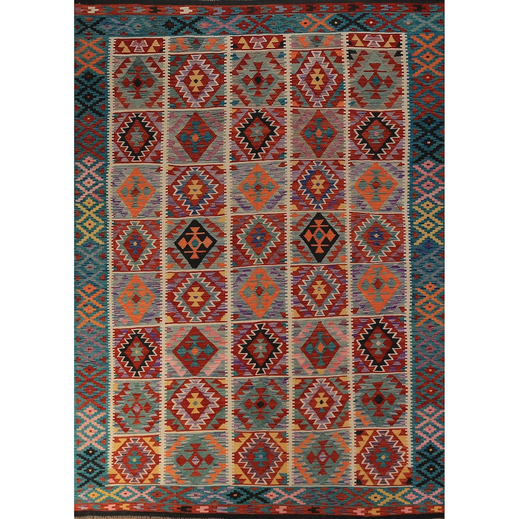 All-Over Kilim Oriental Area Rug Hand-Woven Reversible Wool Carpet - 8'4"x 11'4"