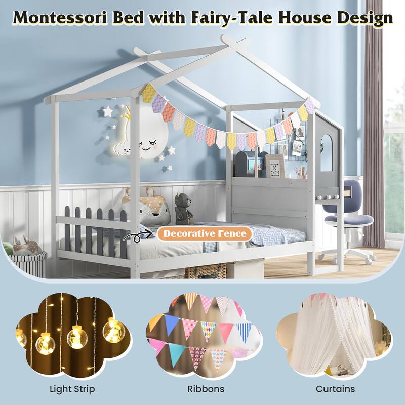 Gymax Twin Size Kids House Bed w/ Study Desk & Removable Box Drawers