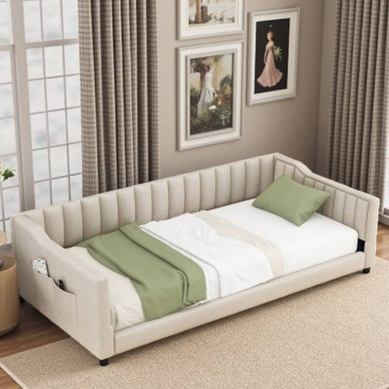 Twin XL Velvet Upholstered Daybed with Side Storage Pocket, Sloped Arms, and No-Box Spring Support