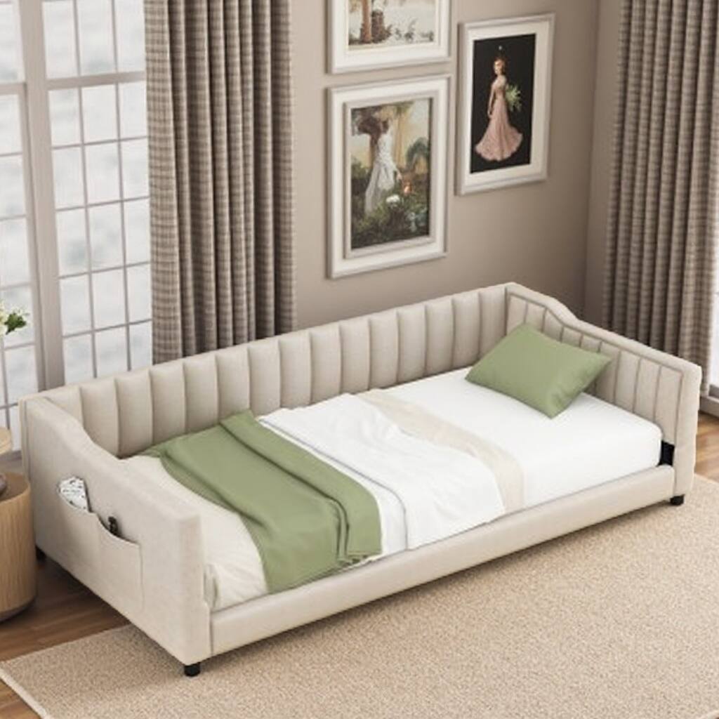 Twin XL Velvet Upholstered Daybed with Side Storage Pocket, Sloped Arms, and No-Box Spring Support