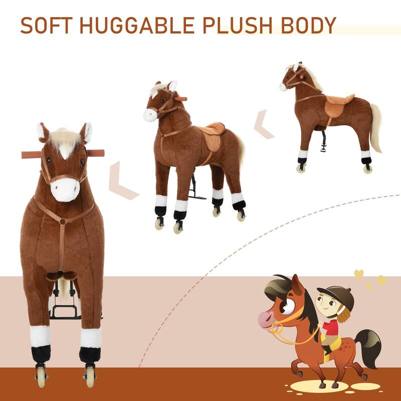 Interactive Large Ride-On Rocking Horse for Kids Aged 5-16, Plush Body with Rolling Wheels