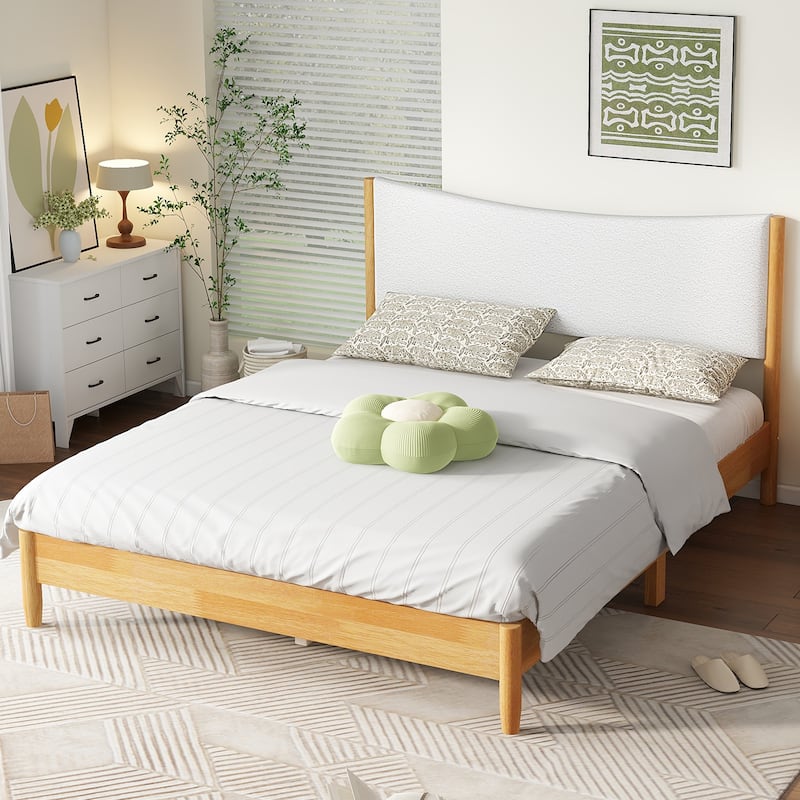 Beech Wooden Bed Queen Platform Bed Frame with Teddy Velvet Upholstered Cushion Headboard, Wood Slats and Center Support Legs - Natural - Queen