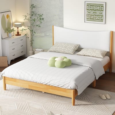 Beech Wooden Bed Queen Platform Bed Frame with Teddy Velvet Upholstered Cushion Headboard, Wood Slats and Center Support Legs