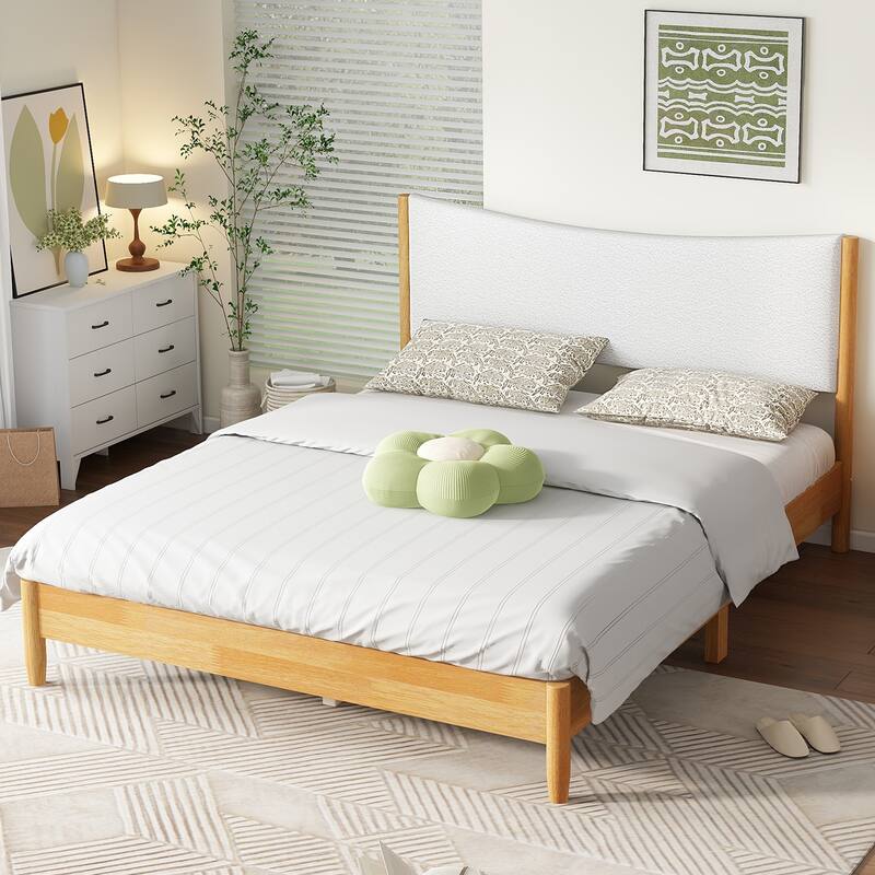 Roomfitters Queen Rubber Wood Bed with Boucle Upholstered Headboard, Reinforced Slat Platform with Support Feet, Natural