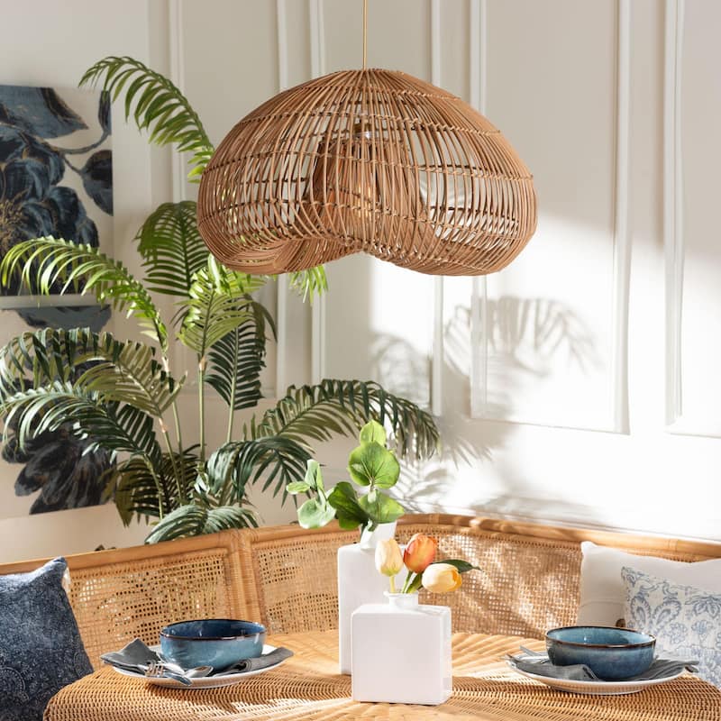 Hansa Natural Rattan Pendant Lampshade - Handcrafted Dome-Shape Ceiling Light Cover, Coastal Boho Décor