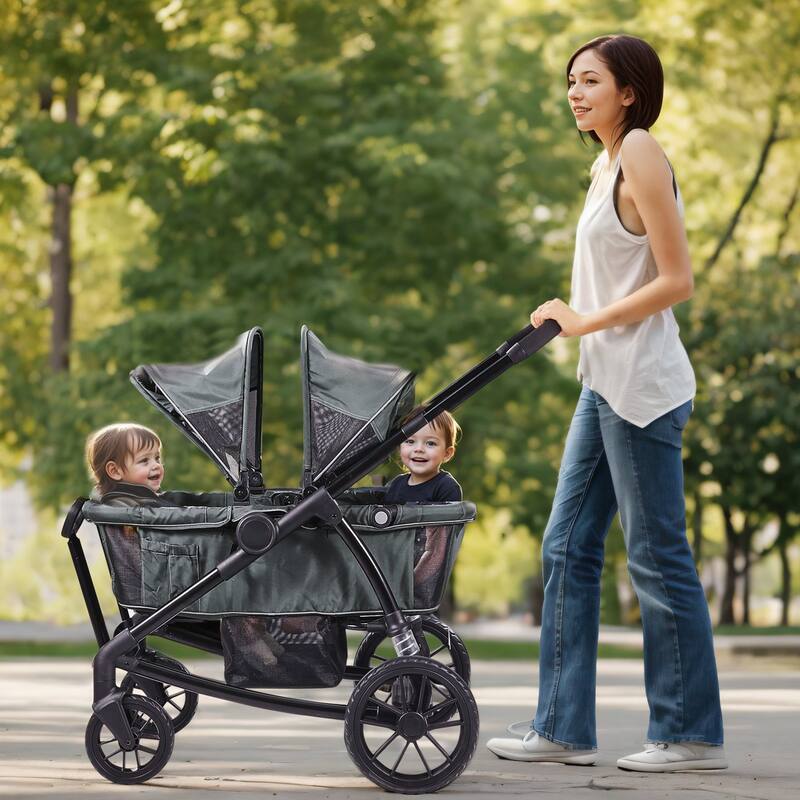 Carbon Steel All-Terrain Stroller Wagon Foldable Twin with Canopy and Tray - 47.2” L x 27.2” W x 42.1” H