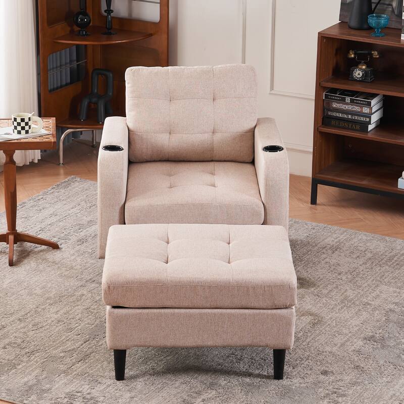 Upholstered Armchair and Storage Ottoman Set - Comfortable Single Sofa with Cup Holders and Tufted Detailing