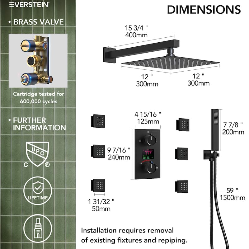 LCD Digital Display Shower System ,12" High-Pressure Rainfall Shower Head with Pressure-Balanced Valve