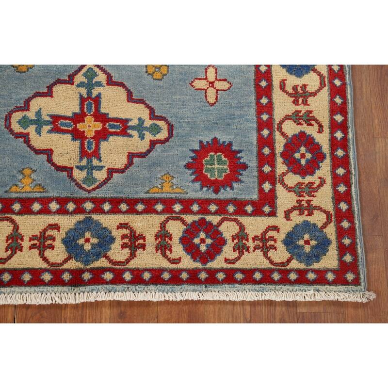 Blue Geometric Kazak Oriental Accent Rug Handmade Wool Carpet - 3'4" x 4'9"