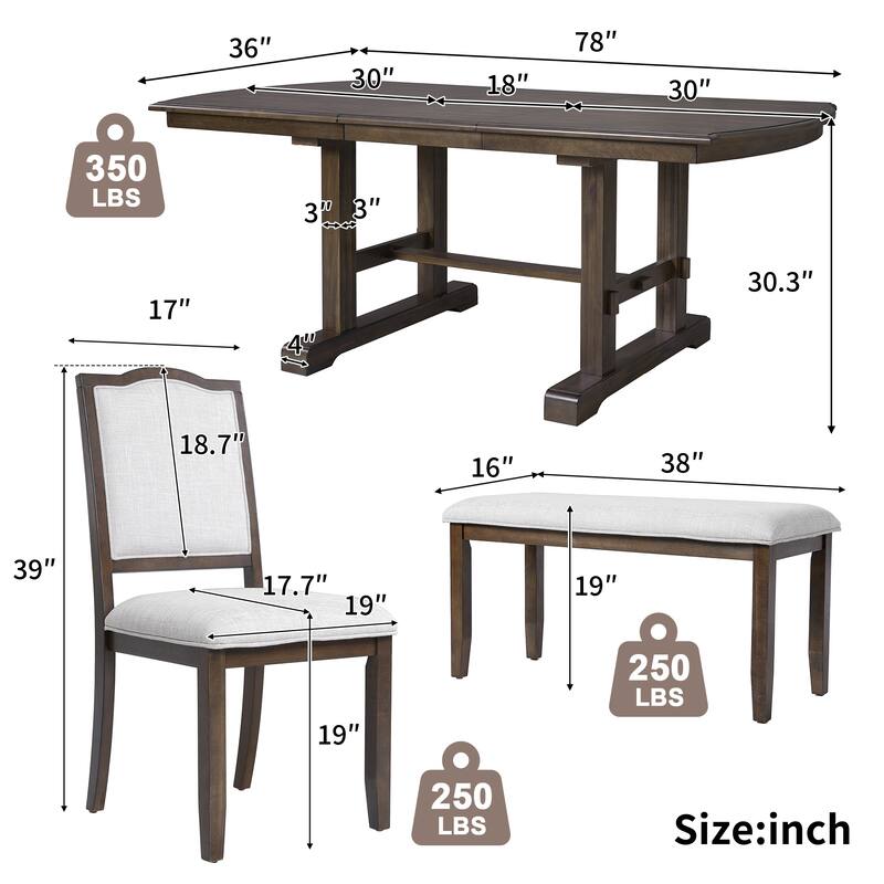 6-Piece Dining Table Set, 60inch to 78inch Extendable Wood Dining Table with Removable Leaf