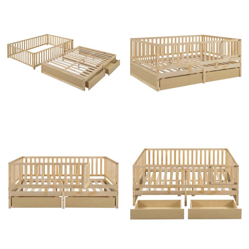 Full Size Wood Daybed with Fence Guardrails and 2 Drawers
