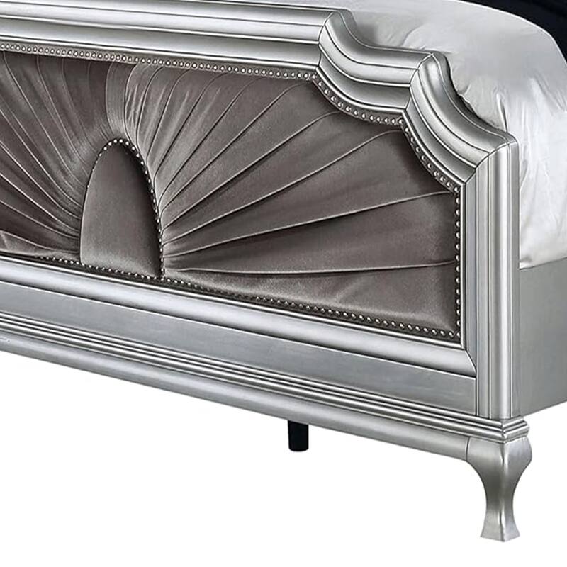 Xan Queen Bed, Silver Wood, Gray Pleated Velvet Upholstery