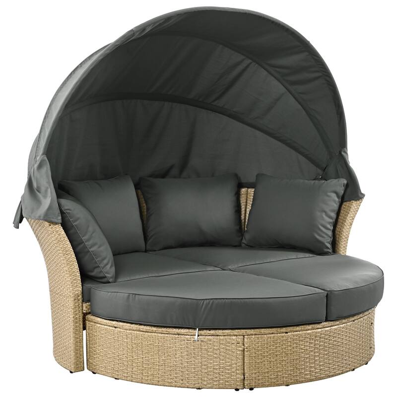 Brown Wicker Rattan Outdoor Day Bed with Gray Cushions and Gray Retractable Canopy